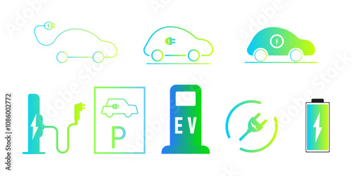 Charging station logo EV car hybrid and electric vehicles set.Eco friendly electro car idea concept.