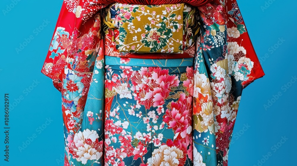 Vibrant Colorful Kimono Draped Elegantly Against a Bold Blue Background Showcasing Traditional Textile Artistry and Intricate Floral Patterns Vibrant Colorful Kimono Draped Elegantly Against a Bold Blue Background Showcasing Traditional Textile Artistry and Intricate Floral Patterns
