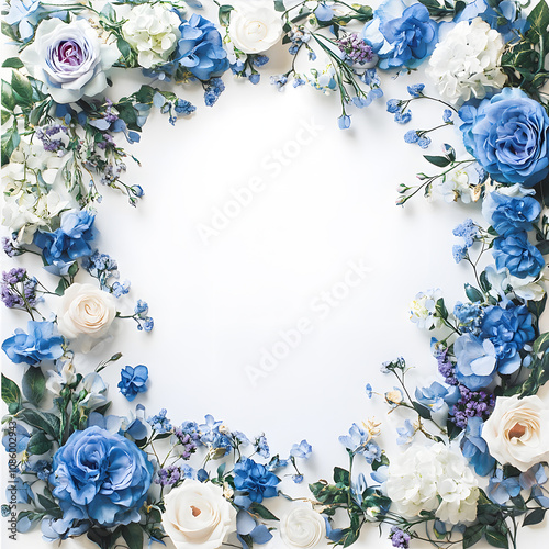 Frame of small and large blue and white flowers and roses mixed with a white background