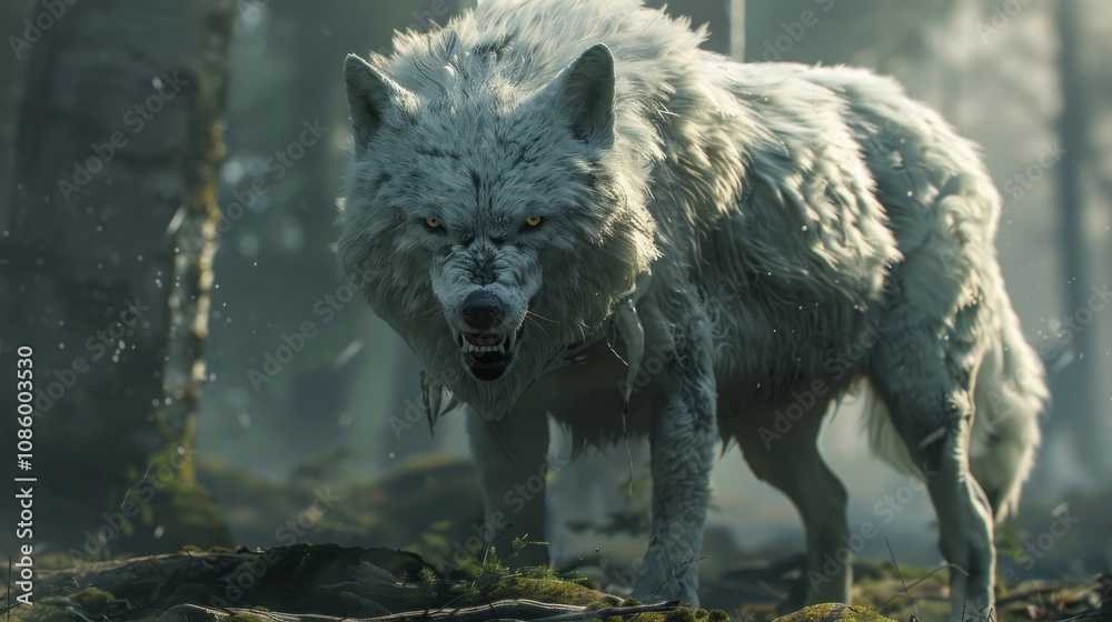 Fototapeta premium White wolf with sharp teeth snarling in the woods. Aggressive animal in the forest with fur and sharp claws. Concept of predator, nature and wildlife.