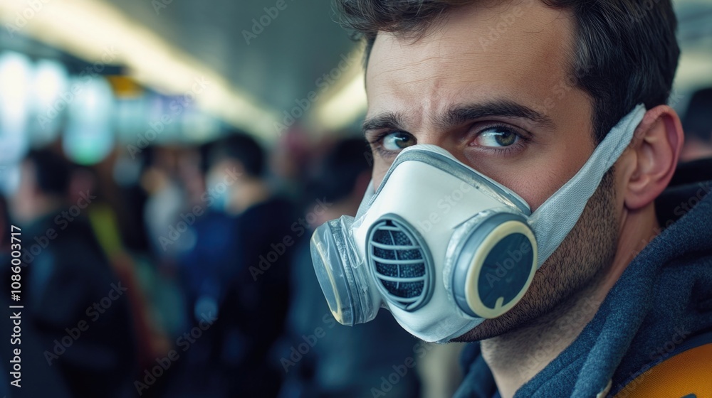 A person wearing a gas mask, possibly in a hazardous environment A person wearing a gas mask, possibly in a hazardous environment