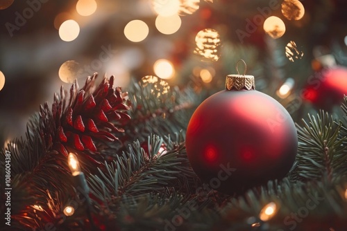 A detailed view of a festive Christmas ornament on a decorated tree photo