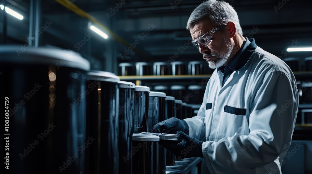 Skilled technician in a high-tech industrial lab examining containers with equipment, showcasing precision and attention to detail in a modern workspace environment. Skilled technician in a high-tech industrial lab examining containers with equipment, showcasing precision and attention to detail in a modern workspace environment.
