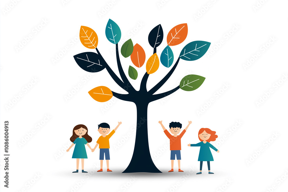 Children celebrating around colorful tree with vibrant leaves