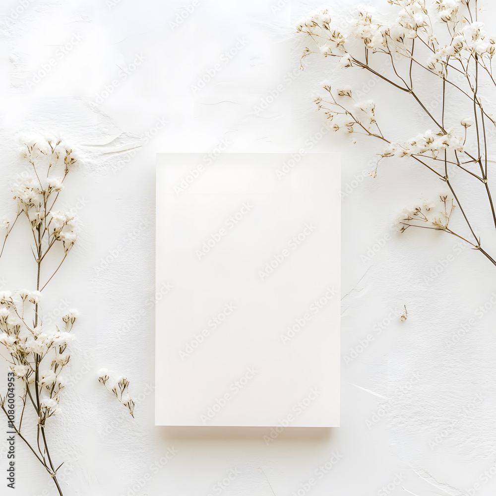 wedding card mockup design with white dry flowers, on the white background wedding card mockup design with white dry flowers, on the white background