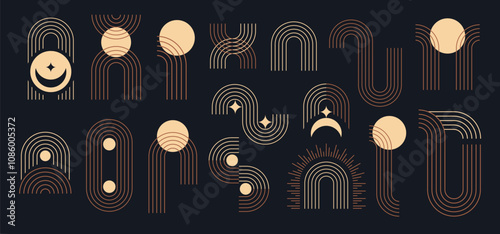 Line geometric arch and circle abstract shapes. Abstract minimal element mid century vector set. Aesthetic contemporary stripe line art, geometric shape, beige. For wall art, decoration, wallpaper.