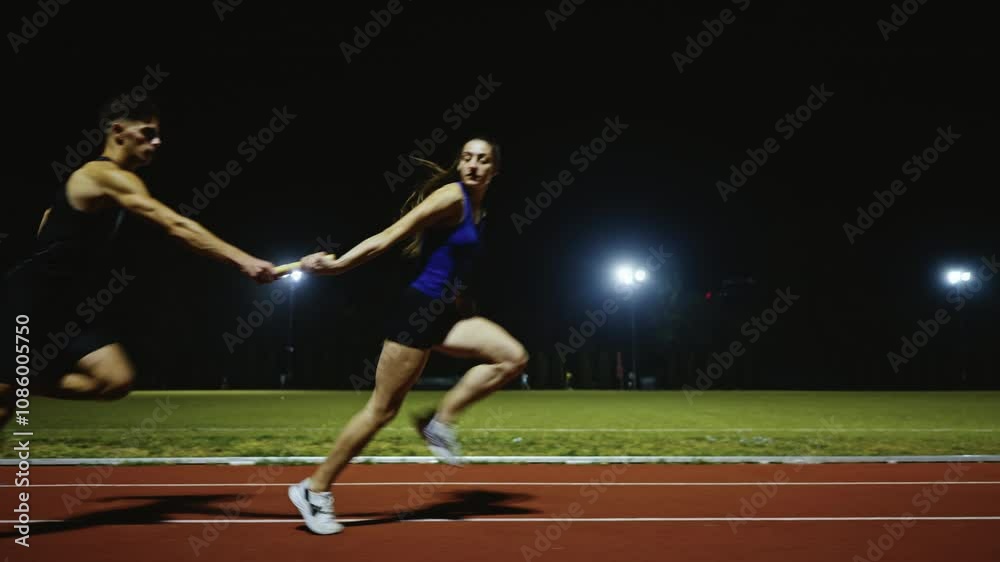 Athletes couple, male and female running a relay race and pass the baton on the athletics race track