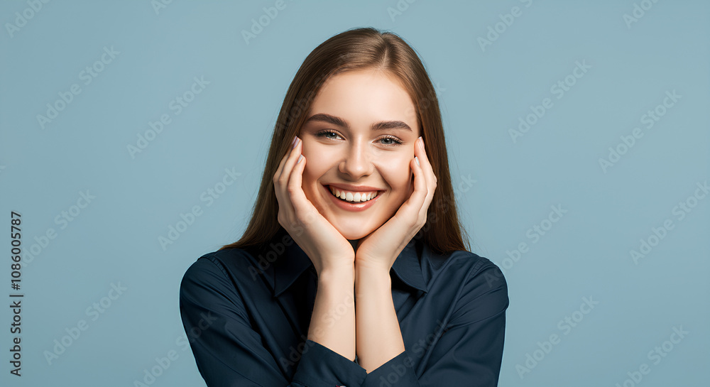 A cheerful young woman with hands on her cheeks, smiling brightly against a light blue background. A cheerful young woman with hands on her cheeks, smiling brightly against a light blue background.
