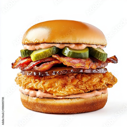 chicken sandwich crispy bacon photo. Perfectly stacked chicken sandwich with crispy bacon, pickles, and spicy mayo, on a pristine white background, modern food styling concept