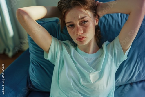 A person sitting comfortably on a blue couch, hands behind her head photo