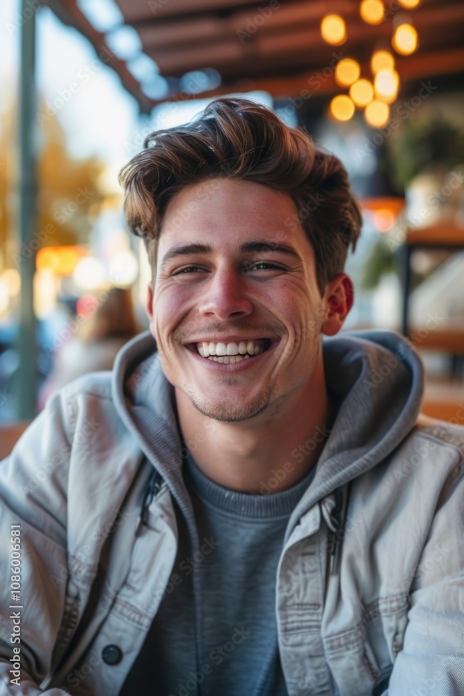A person happy and relaxed while seated at a table