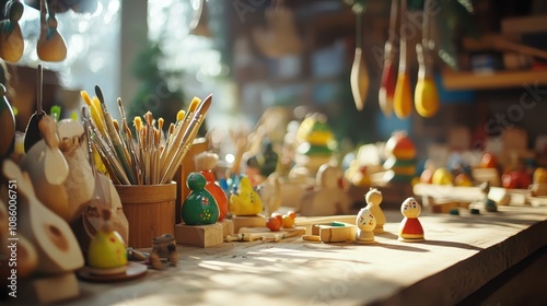 A busy workshop scene with elves crafting wooden toys and painting colorful designs. photo