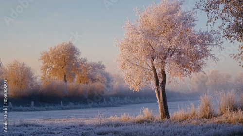 A single tree standing alone in a frosty field, a winter scene