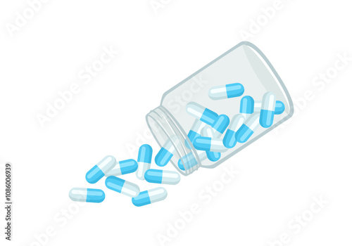 Blue pills spilling out of transparent pill bottle. Vector cartoon flat illustration of open container for medication. 