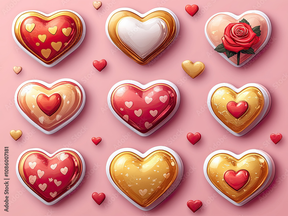 Fun digital stickers and emojis with bright and playful designs including hearts, roses, and romantic graphics in shades of red, pink, and gold Fun digital stickers and emojis with bright and playful designs including hearts, roses, and romantic graphics in shades of red, pink, and gold
