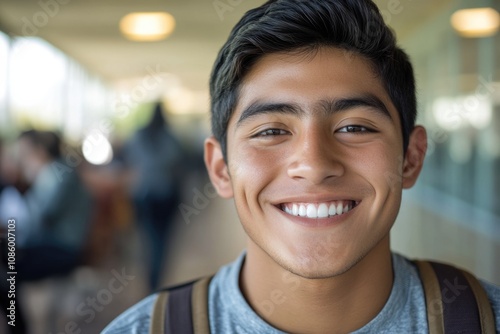 A young man smiling in a hallway