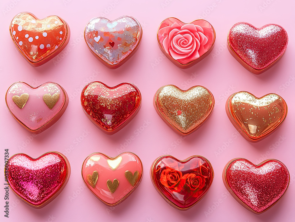 Fototapeta premium Fun digital stickers and emojis with bright and playful designs including hearts, roses, and romantic graphics in shades of red, pink, and gold
