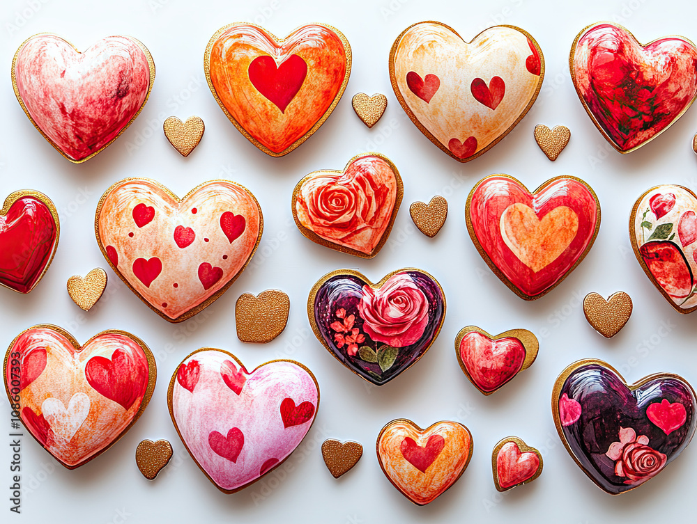 Fototapeta premium Fun digital stickers and emojis with bright and playful designs including hearts, roses, and romantic graphics in shades of red, pink, and gold