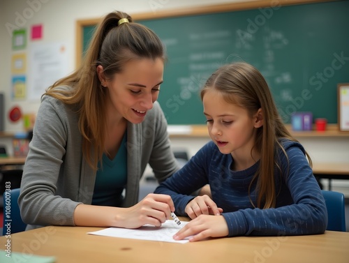 Teacher and Student A teacher guiding a student using a Braille display in a classroom with educational materials and a chalkboard in the background emphasizing learning..