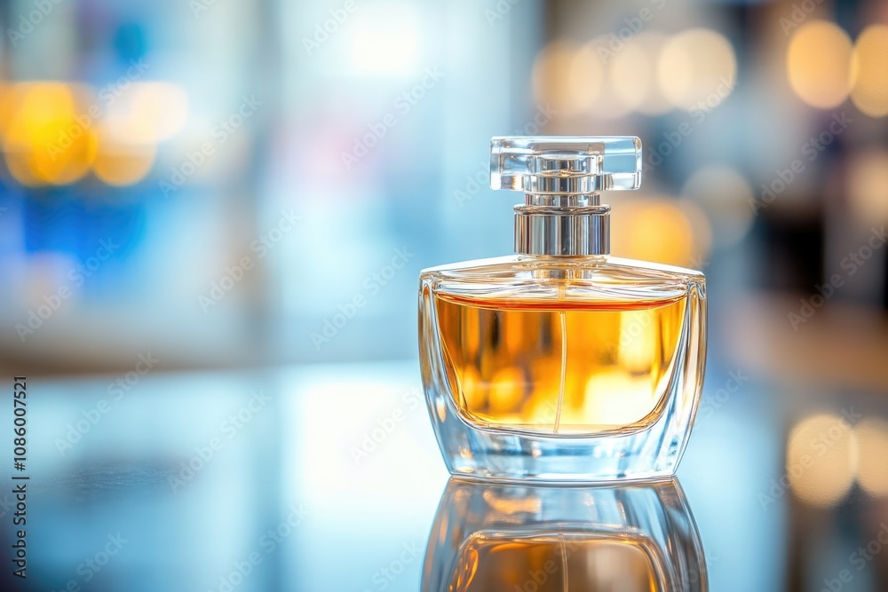 A bottle of perfume sits atop a sleek glass table, perfect for displaying or using as a decorative piece A bottle of perfume sits atop a sleek glass table, perfect for displaying or using as a decorative piece