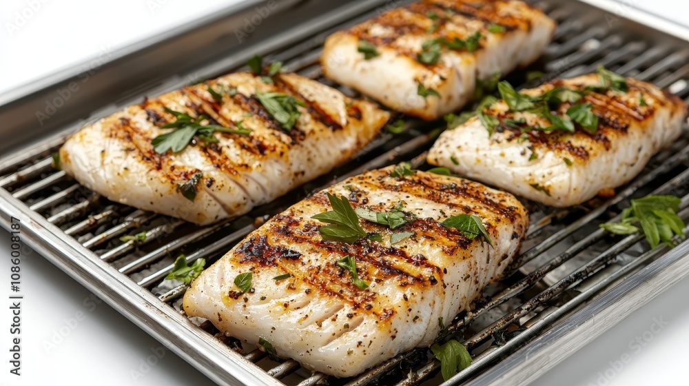 Grilled Fish Fillets with Fresh Herbs and Spices on a Silver Grate, Showcasing a Delicious Culinary Presentation for Foodies and Cooking Enthusiasts Grilled Fish Fillets with Fresh Herbs and Spices on a Silver Grate, Showcasing a Delicious Culinary Presentation for Foodies and Cooking Enthusiasts
