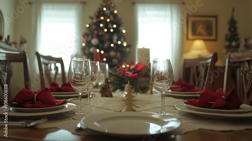 A cozy family dining room set for a holiday feast. photo