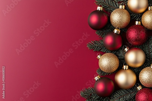 A festive arrangement of colorful Christmas ornaments on a red background, adorned with evergreen branches, perfect for holiday celebrations.