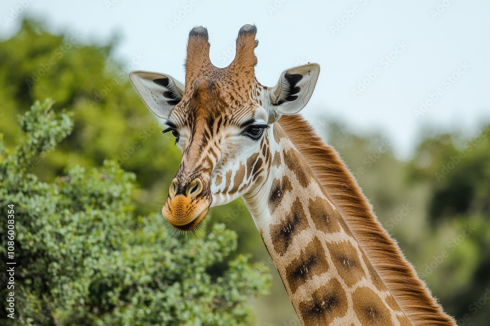 Obraz premium A close-up view of a giraffe's face with trees visible in the background