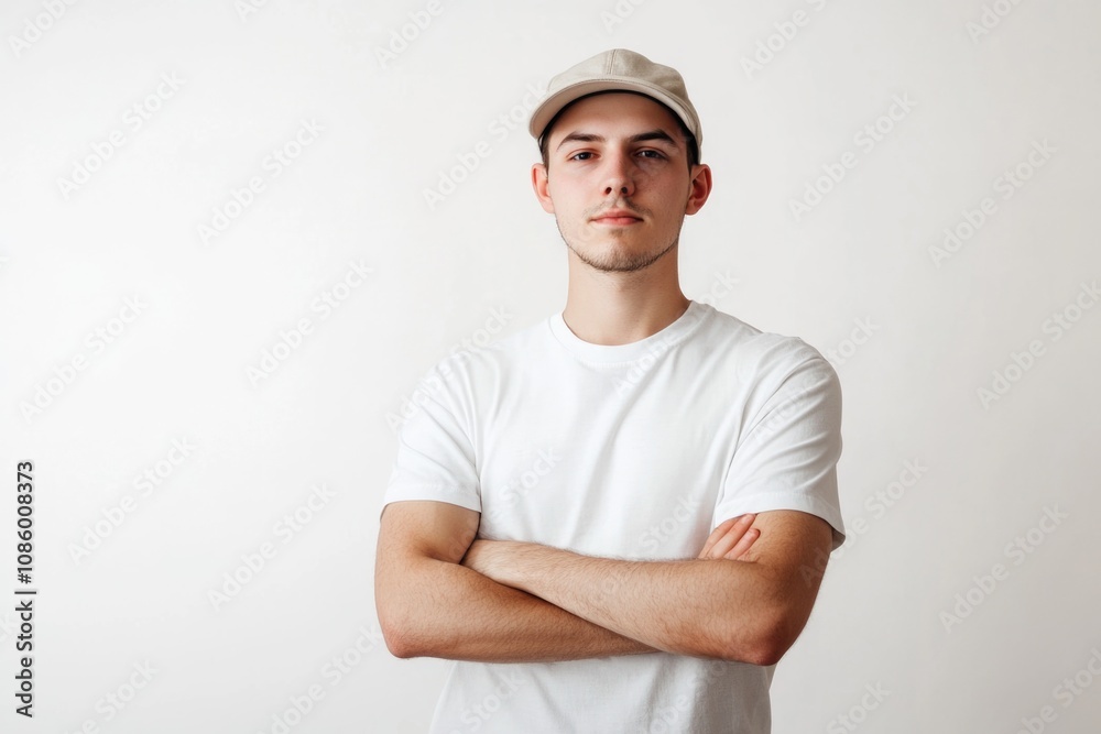 A person wearing casual clothing for everyday use or sport, with a hat for sun protection or style A person wearing casual clothing for everyday use or sport, with a hat for sun protection or style