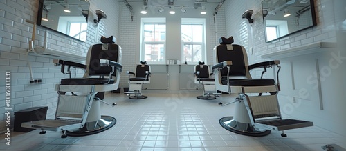 Modern Barber Shop Interior with White Tile Walls and Classic Barbershop Chairs