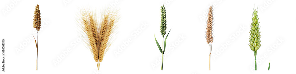 Ear of wheat spikelet isolated on transparent background, Set of Ear of wheat spikelet isolated on transparent background, Set of
