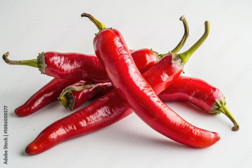 A pile of vibrant red hot peppers arranged on a clean white surface, perfect for cooking or decoration A pile of vibrant red hot peppers arranged on a clean white surface, perfect for cooking or decoration