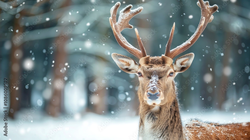 Majestic Deer in a Winter Wonderland, Snow Falling Around Him. Beautiful Wildlife Photography. Majestic Deer in a Winter Wonderland, Snow Falling Around Him. Beautiful Wildlife Photography.