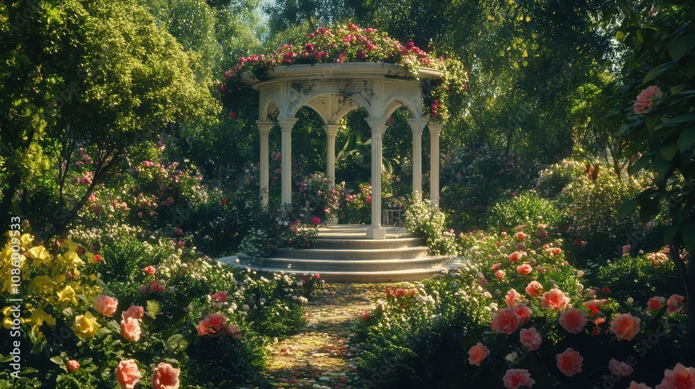 Obraz premium A garden gazebo surrounded by blooming flowers and greenery.