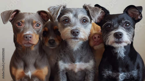 A group of playful mixed breed puppies interacting happily in the sunlit outdoors.