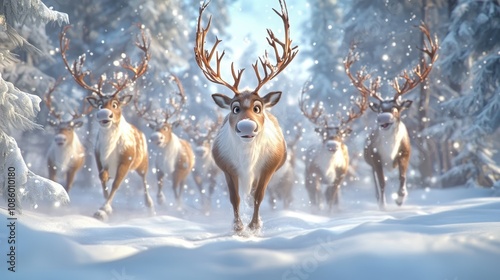 A group of reindeer playfully prancing in a snow-covered forest, their antlers adorned with twinkling ornaments. photo