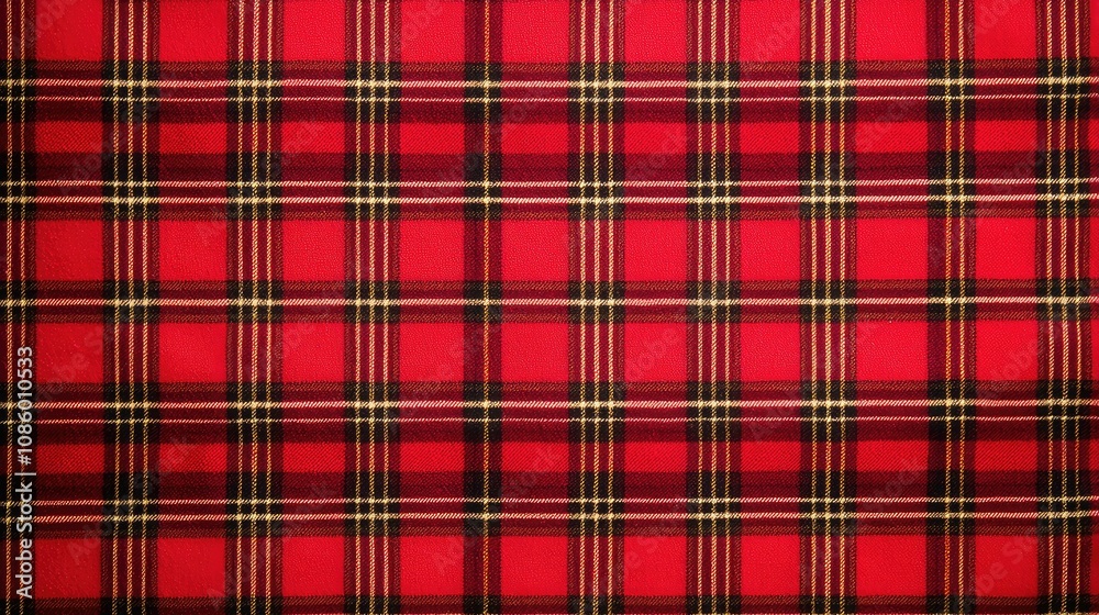 A vibrant red plaid pattern with black and yellow accents, showcasing a classic textile design suitable for cozy apparel or home decor.
