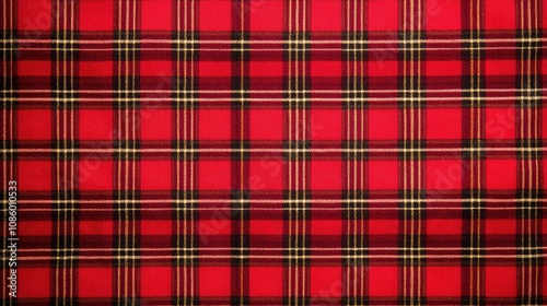 A vibrant red plaid pattern with black and yellow accents, showcasing a classic textile design suitable for cozy apparel or home decor.