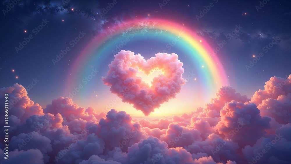 A vibrant heart-shaped cloud formation glows at sunset, framed by a radiant rainbow, filling the sky with enchanting colors and dreamlike beauty A vibrant heart-shaped cloud formation glows at sunset, framed by a radiant rainbow, filling the sky with enchanting colors and dreamlike beauty
