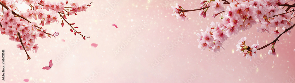 Fototapeta premium Elegant banner with cherry blossoms on a light pink solid background. Horizontal wide web Chinese New Year backdrop