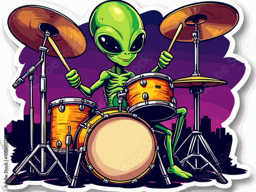 An alien drummer skillfully plays a vibrant drum set against a colorful urban skyline at night