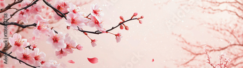 Elegant banner with cherry blossoms on a light pink solid background. Horizontal wide web Chinese New Year backdrop