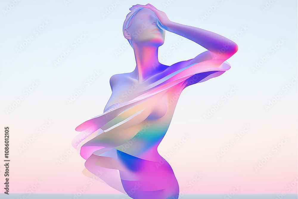 Illustration of a tall, abstract figure spiraling upward in soft pastel colors in shades of pink, violet, and light blue Illustration of a tall, abstract figure spiraling upward in soft pastel colors in shades of pink, violet, and light blue