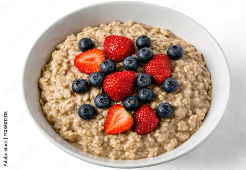 Delicious bowl of oatmeal topped with fresh strawberries and blueberries, perfect for a healthy breakfast Delicious bowl of oatmeal topped with fresh strawberries and blueberries, perfect for a healthy breakfast