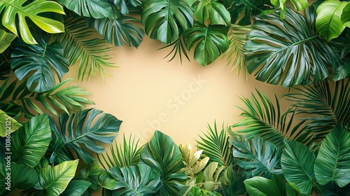 A vibrant arrangement of tropical leaves framing a blank space for design or text.