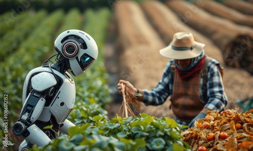 humanoid robot assists farmer in lush field, showcasing technology and agriculture. scene captures harmony between innovation and nature