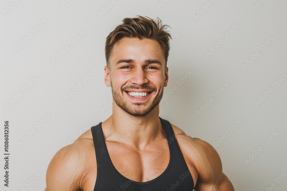 smiling sporty man with a athletic figure and pumped up abs looking at the camera on a white background smiling sporty man with a athletic figure and pumped up abs looking at the camera on a white background