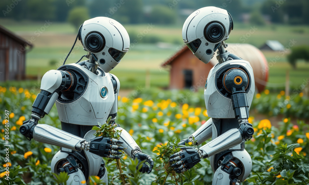 Two humanoid robots tending to plants in vibrant farm setting, showcasing advanced technology in agriculture. scene is filled with lush greenery and colorful flowers, creating harmonious blend of Two humanoid robots tending to plants in vibrant farm setting, showcasing advanced technology in agriculture. scene is filled with lush greenery and colorful flowers, creating harmonious blend of