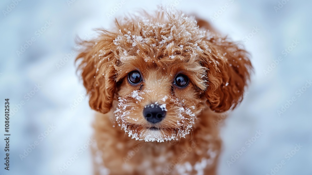Close-Up Portrait of Fluffy Reddish-Brown Dog with Snowy Background and Ice Crystals Close-Up Portrait of Fluffy Reddish-Brown Dog with Snowy Background and Ice Crystals