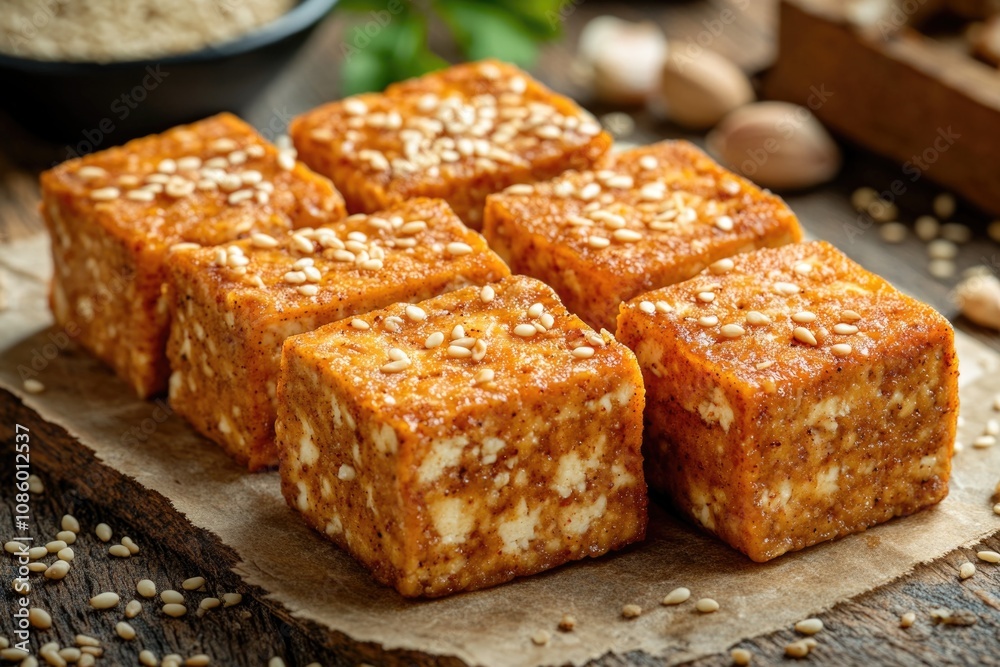 A container of tofu sitting on a wooden surface, ready for cooking or serving A container of tofu sitting on a wooden surface, ready for cooking or serving